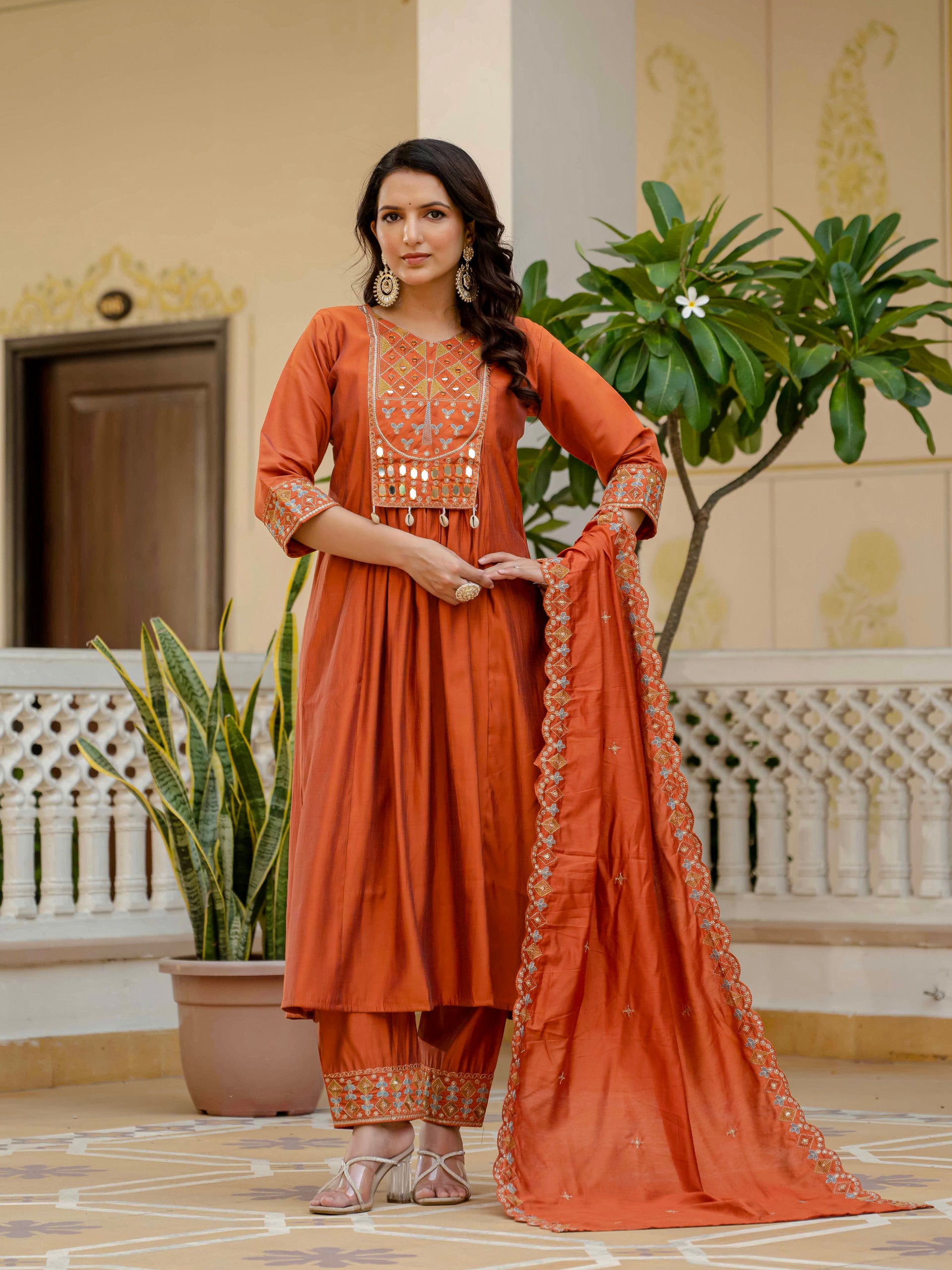 Designer Roman Silk Party Wear Kurti Set: Embroidered Outfit (Orange)