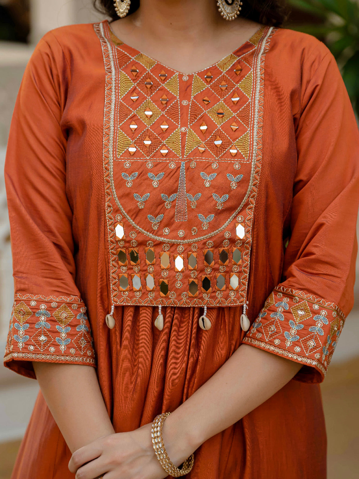 Designer Roman Silk Party Wear Kurti Set: Embroidered Outfit (Orange)