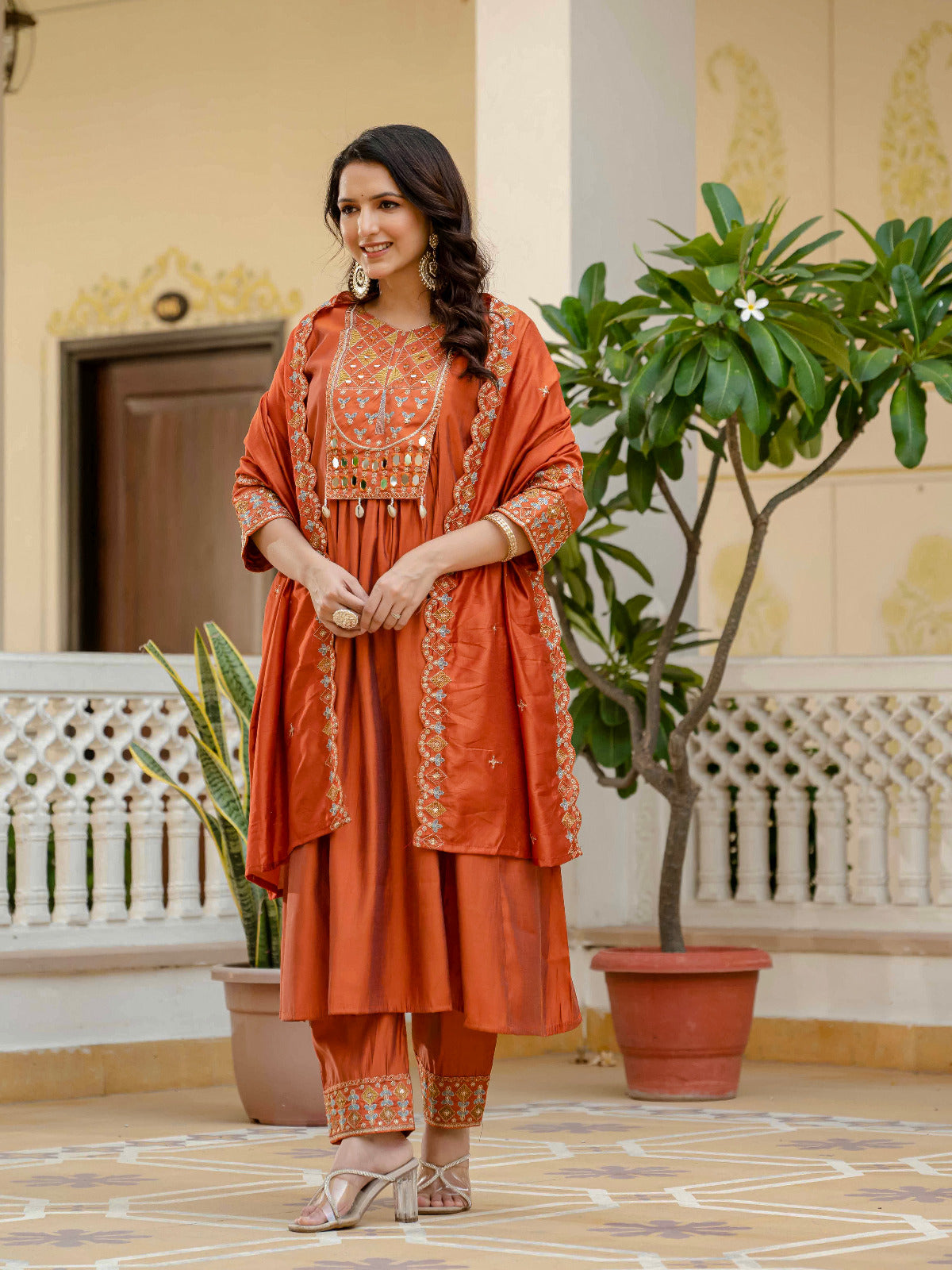 Designer Roman Silk Party Wear Kurti Set: Embroidered Outfit (Orange)