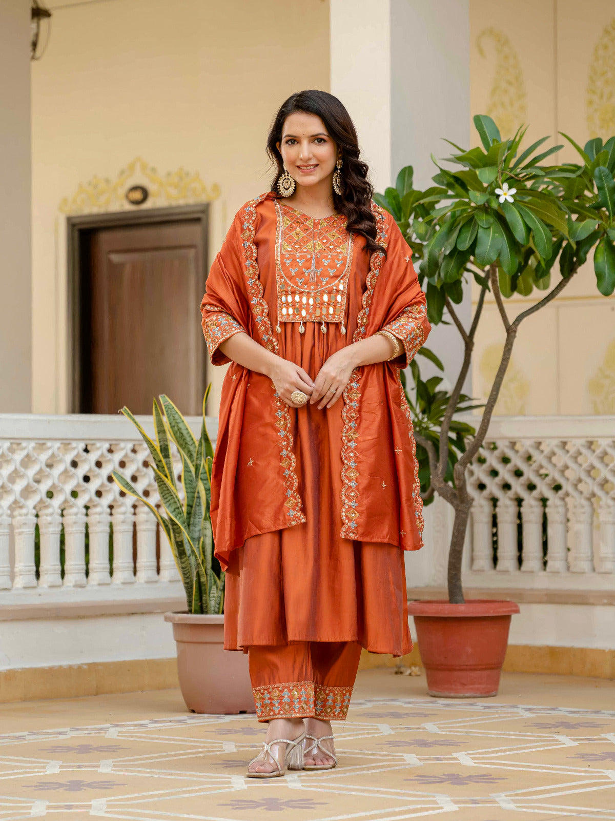 Designer Roman Silk Party Wear Kurti Set: Embroidered Outfit (Orange)