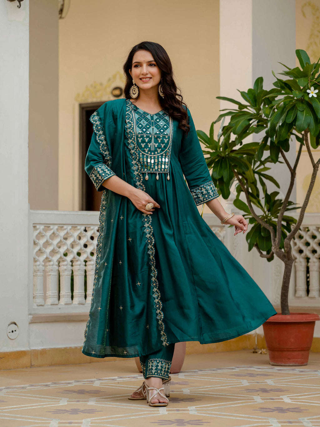 Premium Roman Silk Anarkali Kurti Set: A Blend of Comfort and Sophistication (Teal)