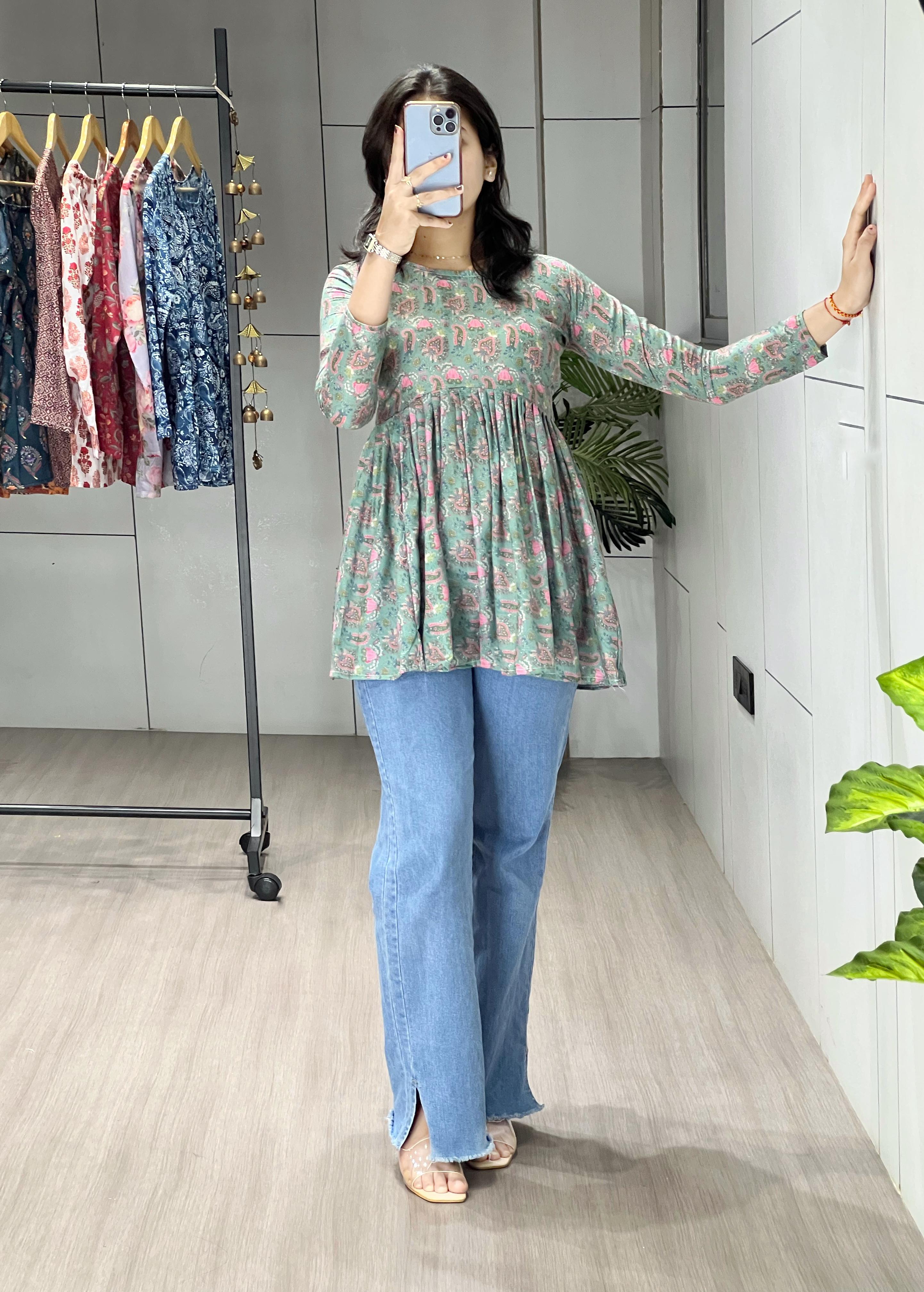 Breathable Cambric Cotton Floral Print Tunic (Pista)