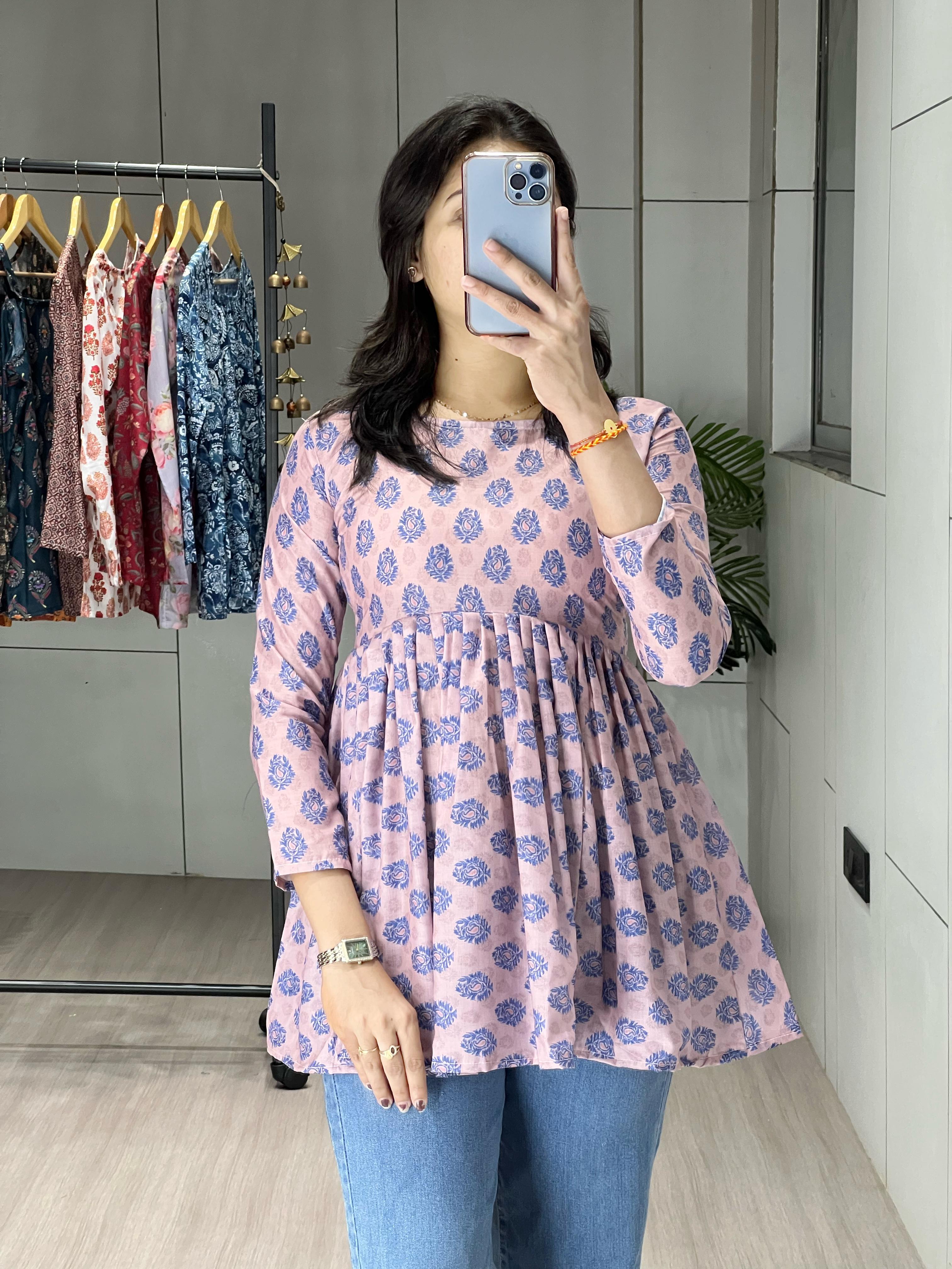 Office Wear Floral Print Tunic Top Kurti (Peach)