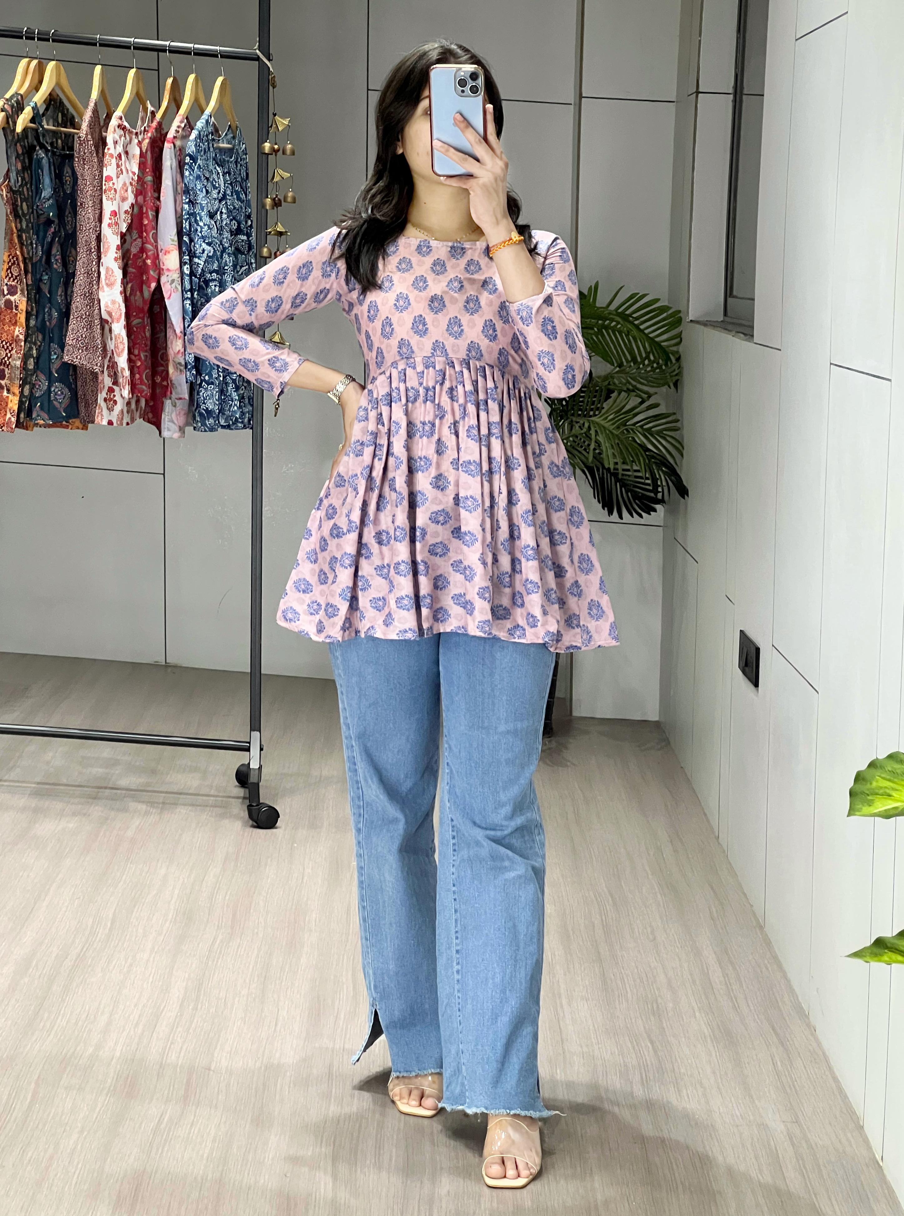 Office Wear Floral Print Tunic Top Kurti (Peach)