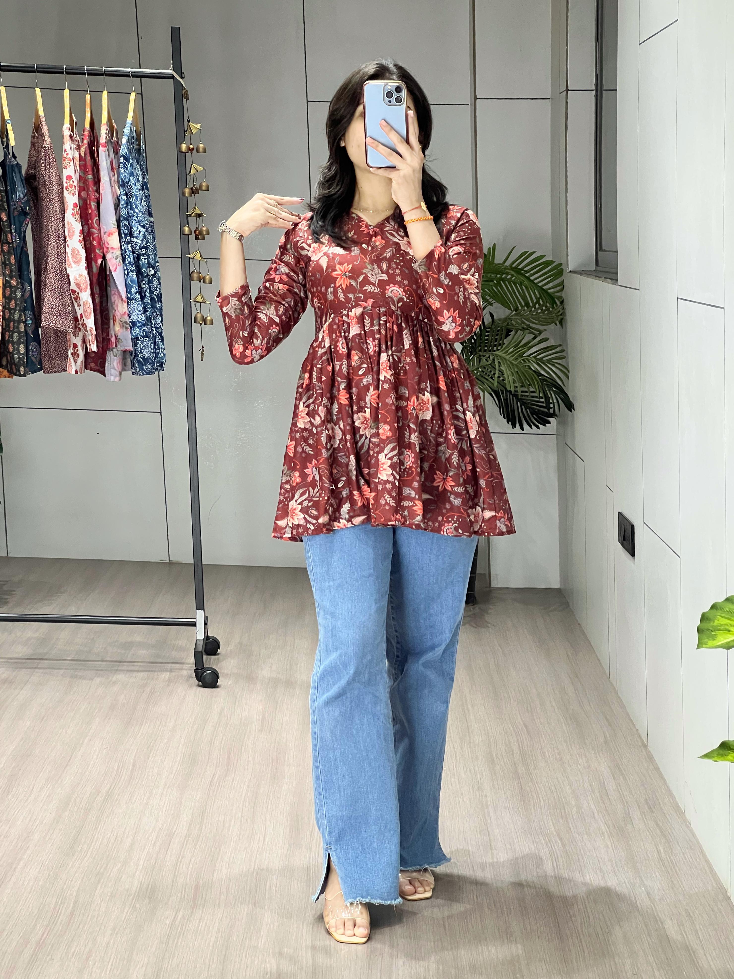 Bold Artistic Floral Print Tunic Kurti (Burgundy)