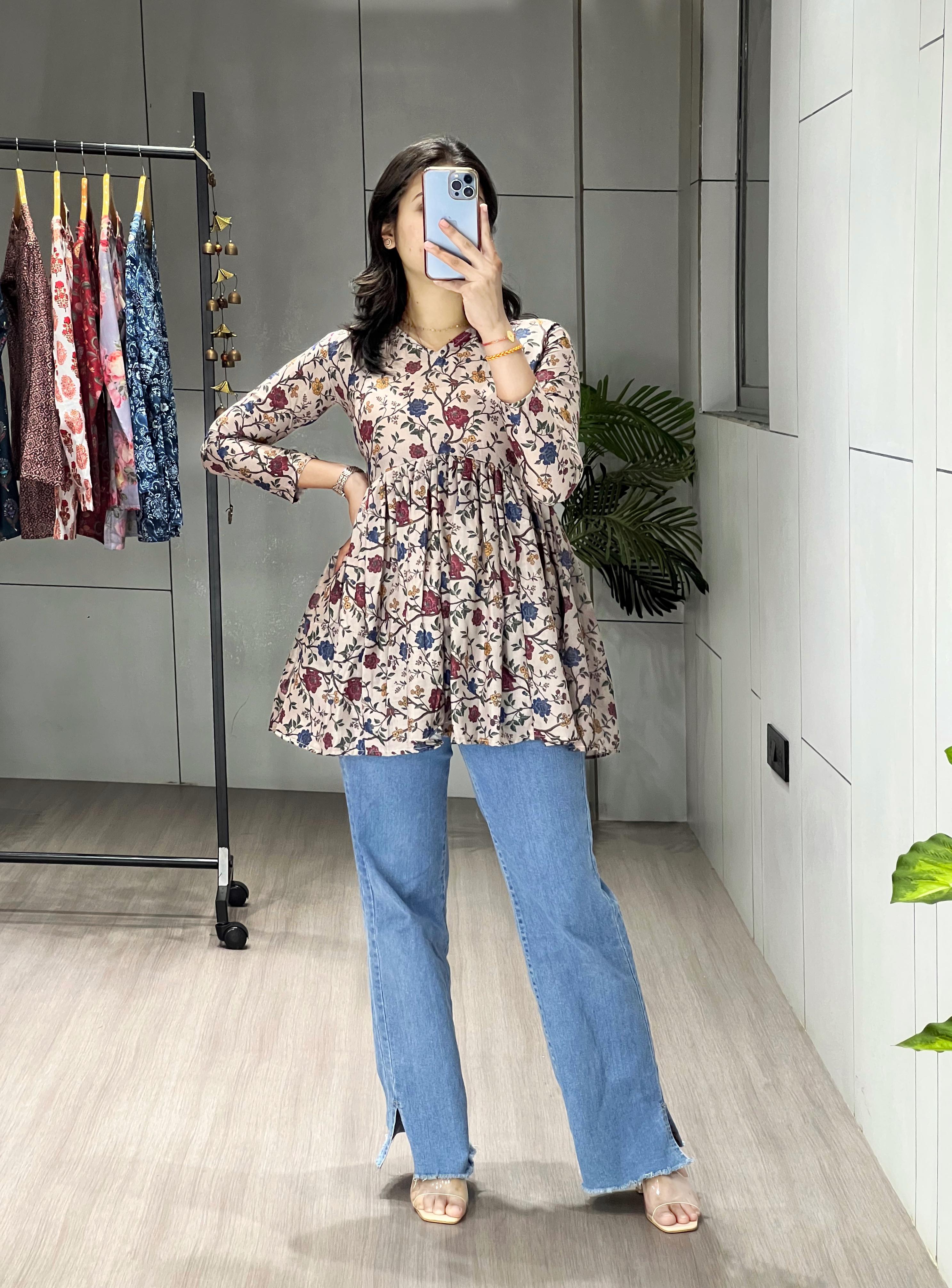 Elevate your 9-to-5 wardrobe with our chic short kurtis, featuring subtle floral prints that add a fresh touch to professional wear.