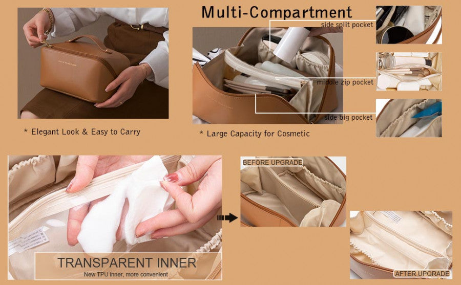 Women’s Large Capacity Cosmetic Travel Bag - Waterproof Leather Makeup Organizer with Wide Opening, Dividers with Handle (Cross Open, Brown)