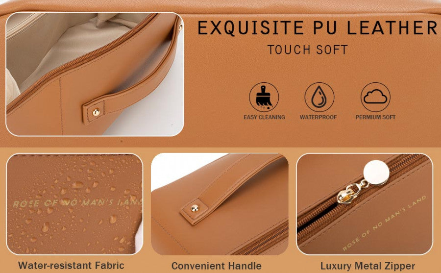 Women’s Large Capacity Cosmetic Travel Bag - Waterproof Leather Makeup Organizer with Wide Opening, Dividers with Handle (Cross Open, Brown)