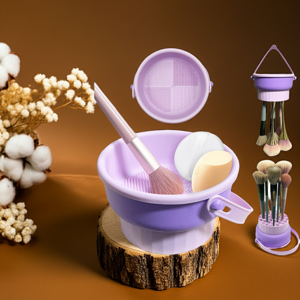 3 in 1 Cleaning Mat with Brush Drying Holder, Silicone Makeup Brush Cleaner Mat Make Up Brush Cleaning Bowl Cosmetic Brush Washing Tool for Makeup Brush, Sponge, Powder Puff (multicolor)