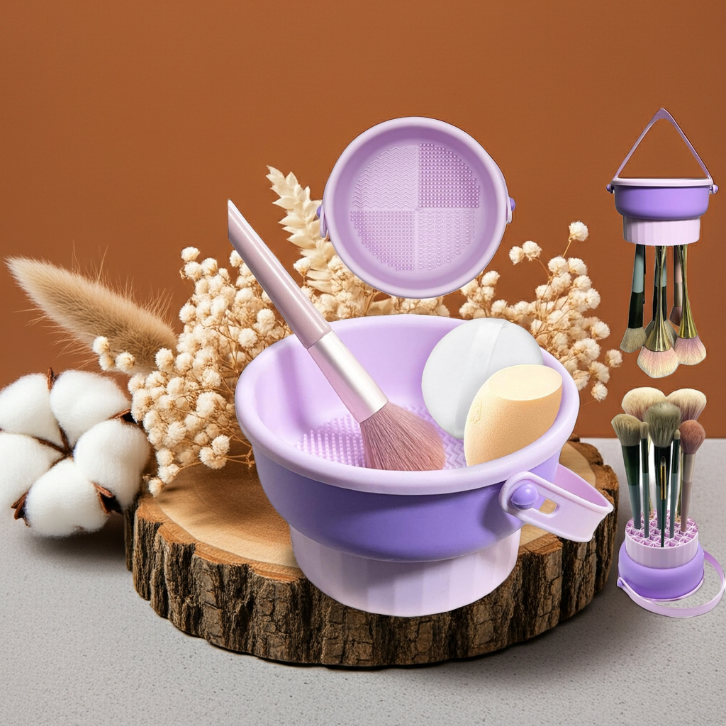 3 in 1 Cleaning Mat with Brush Drying Holder, Silicone Makeup Brush Cleaner Mat Make Up Brush Cleaning Bowl Cosmetic Brush Washing Tool for Makeup Brush, Sponge, Powder Puff (multicolor)