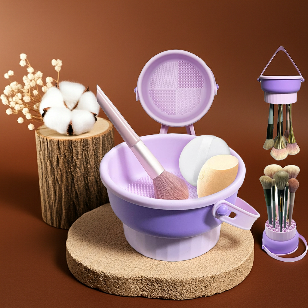 3 in 1 Cleaning Mat with Brush Drying Holder, Silicone Makeup Brush Cleaner Mat Make Up Brush Cleaning Bowl Cosmetic Brush Washing Tool for Makeup Brush, Sponge, Powder Puff (multicolor)