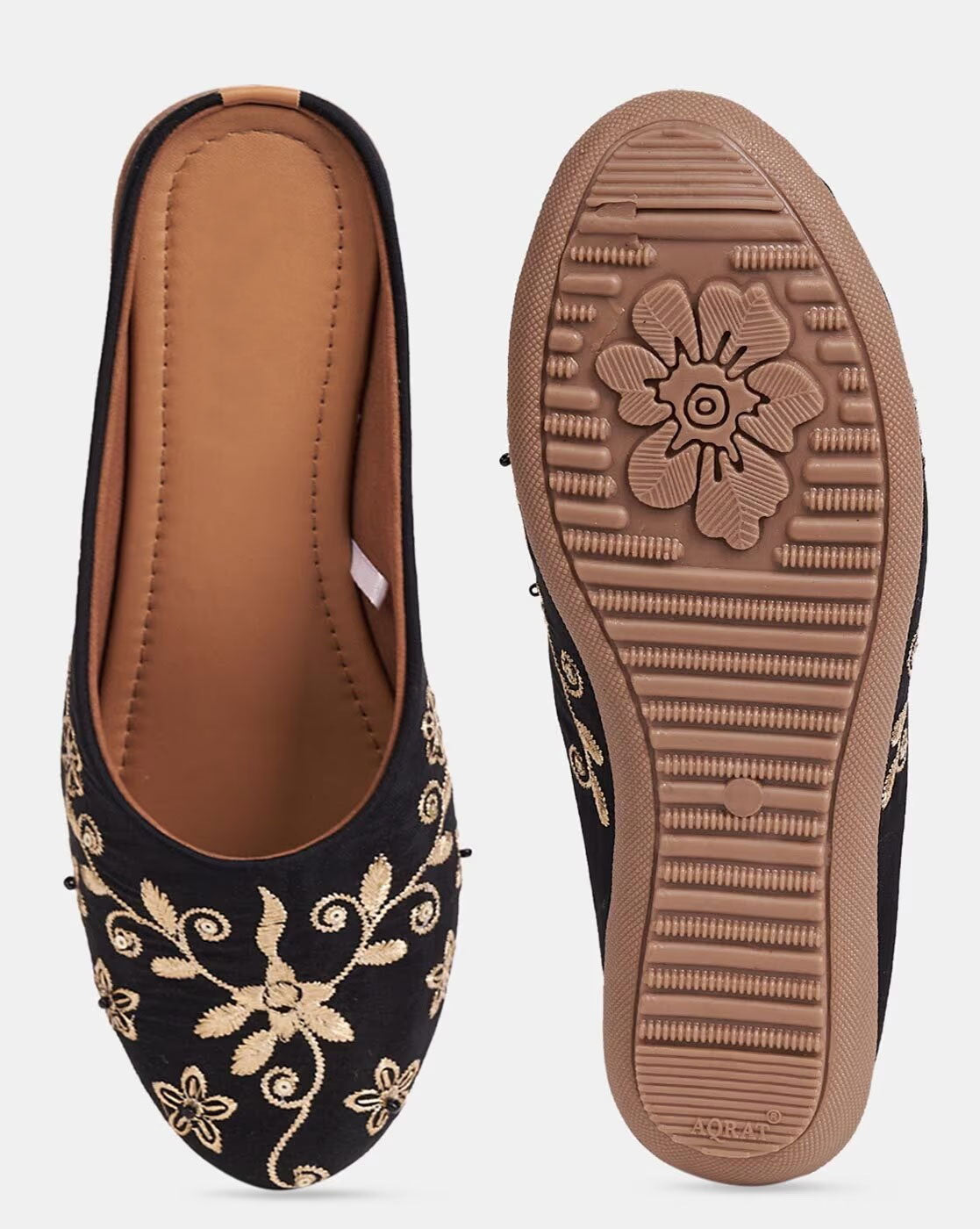 Women Embroidered Round-Toe Mules-Black