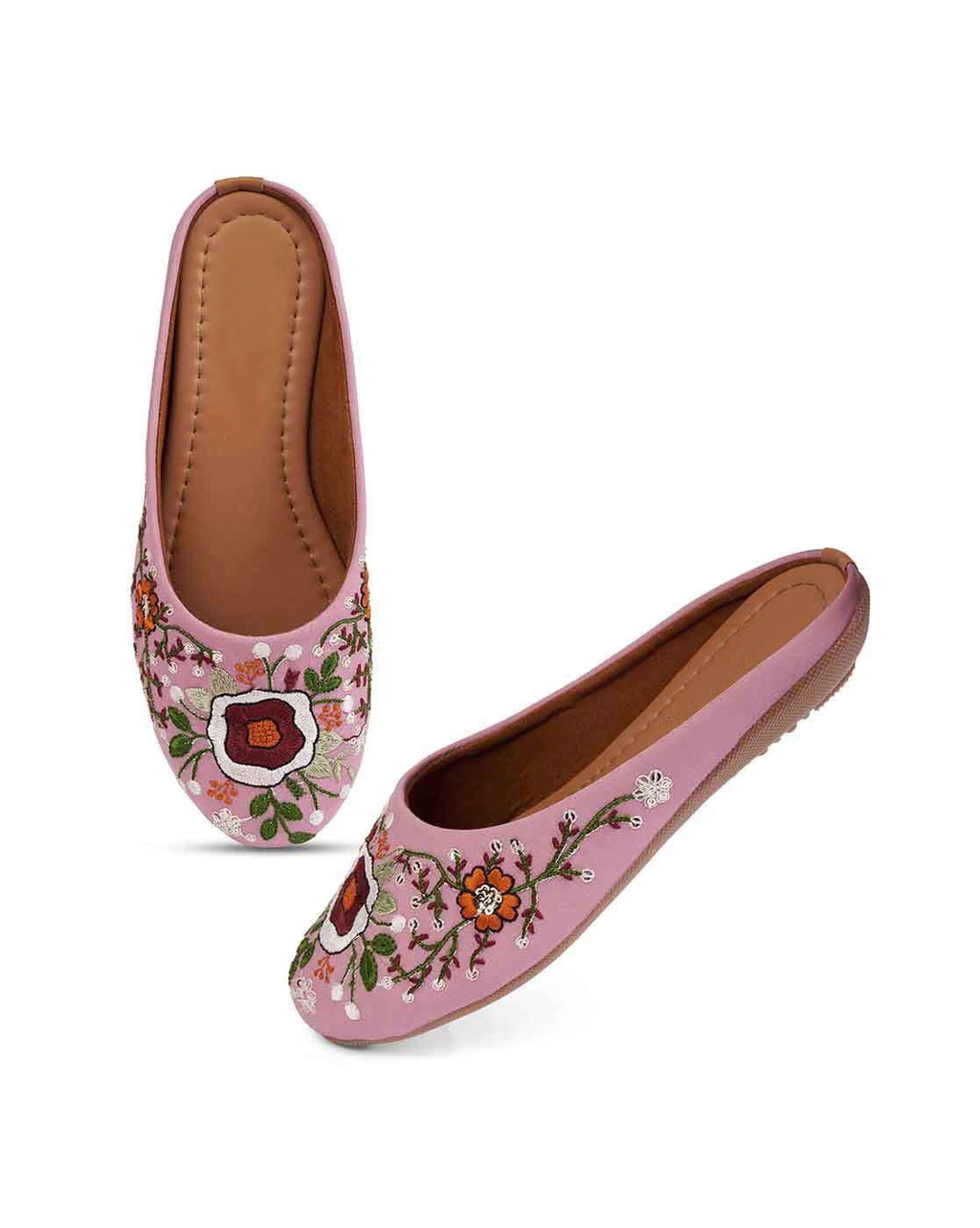 Women Mules with Embroidered Canvas - Pink