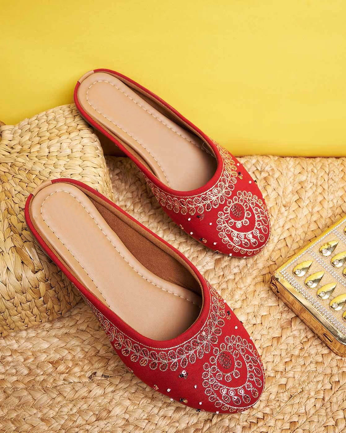 Women Embellished Slip-On Mules-Red