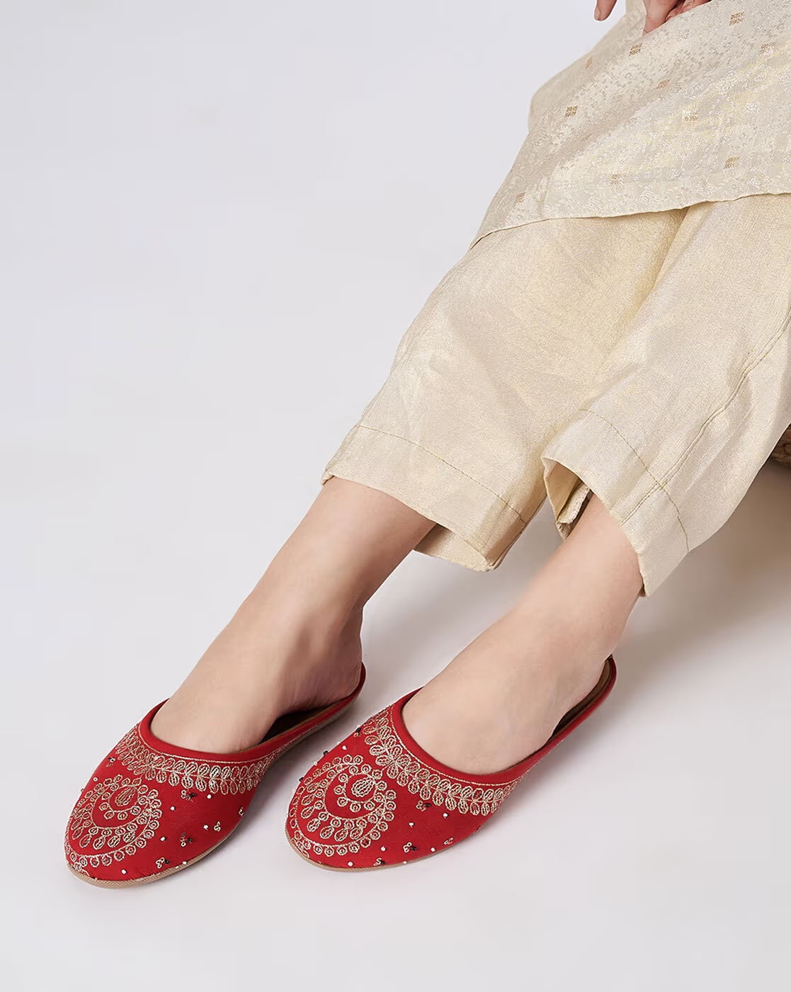 Women Embellished Slip-On Mules-Red