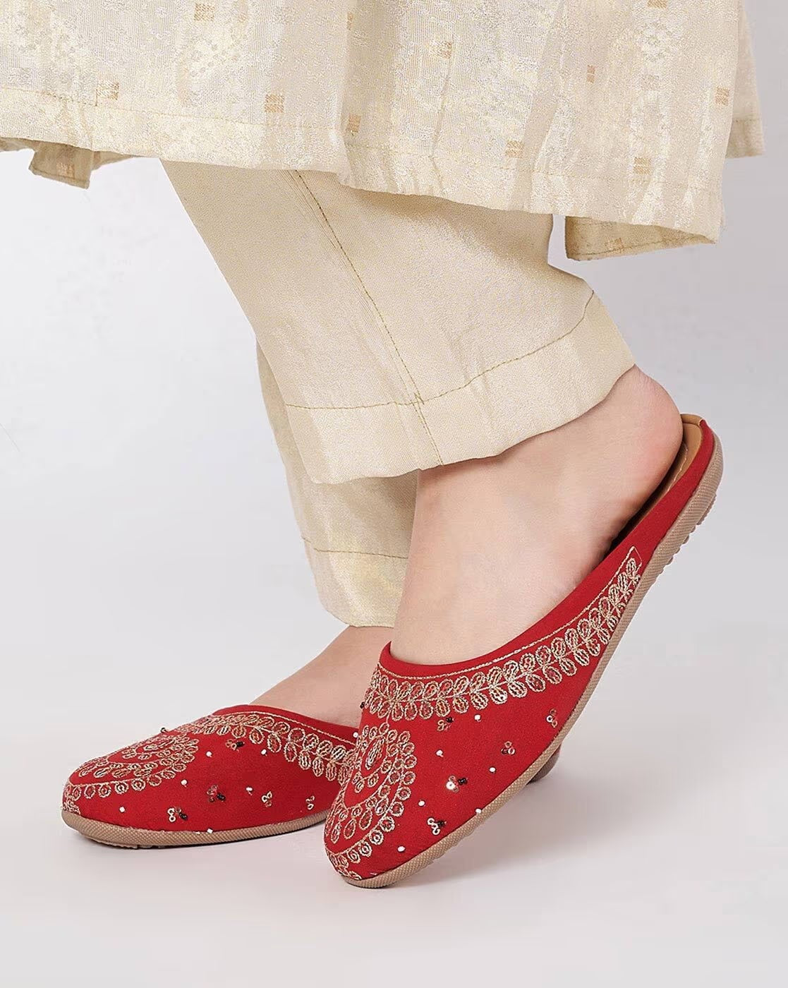 Women Embellished Slip-On Mules-Red