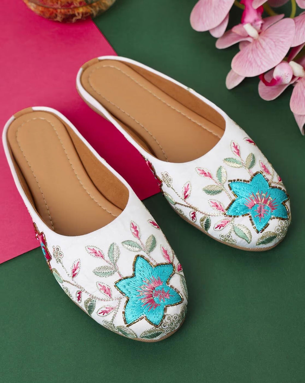 Step into Tradition with Our Women Artisanal Embroidered Slip-On Mules - White