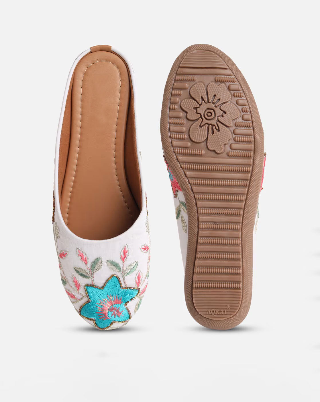 Step into Tradition with Our Women Artisanal Embroidered Slip-On Mules - White