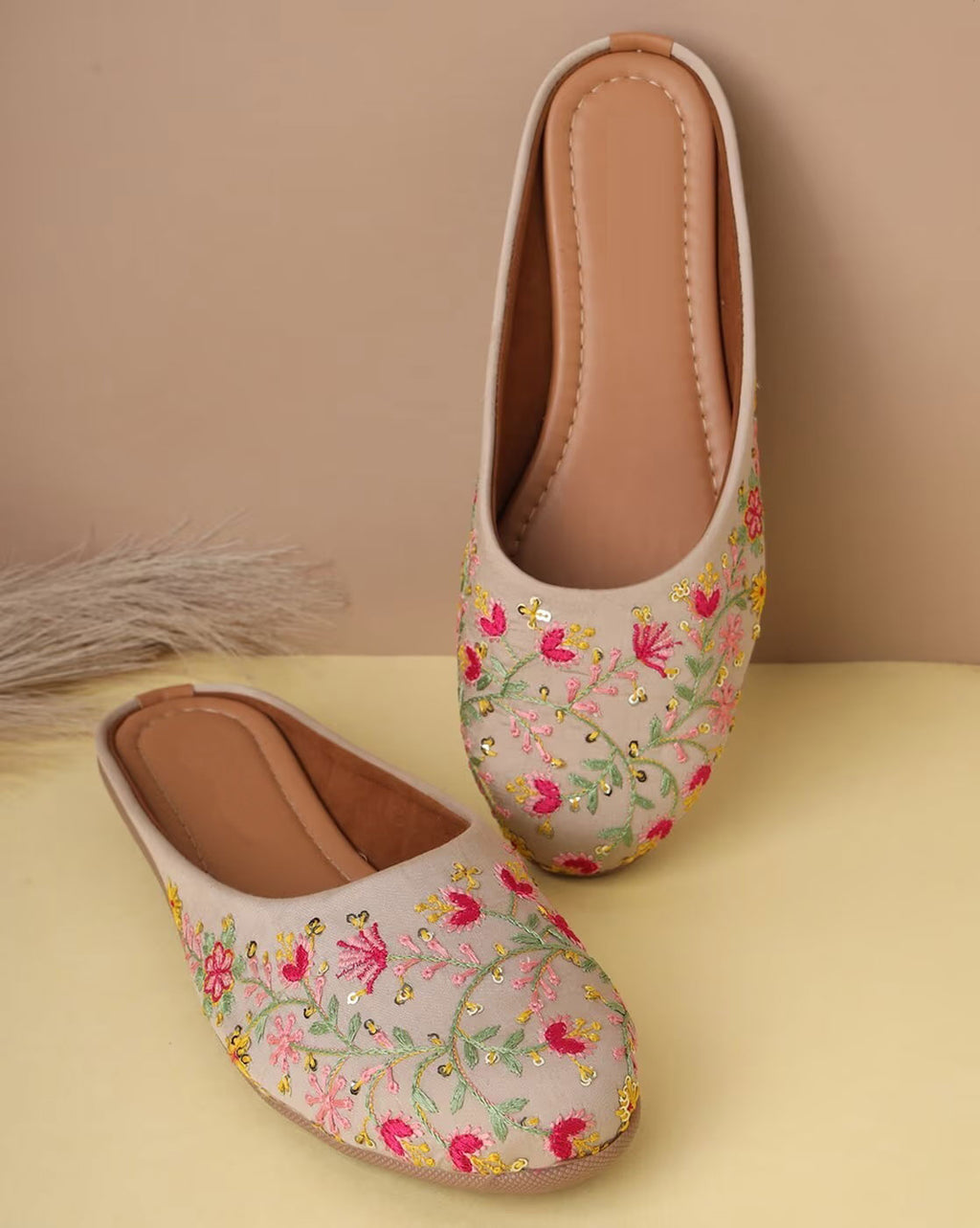 Women Embroidered Slip-On Mules-grayish orange