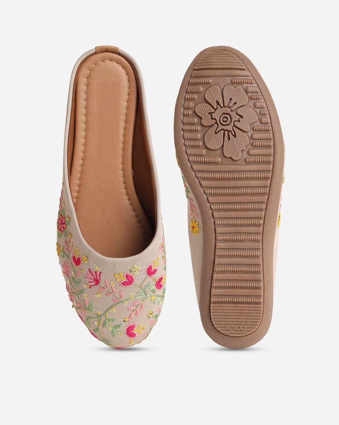 Women Embroidered Slip-On Mules-grayish orange