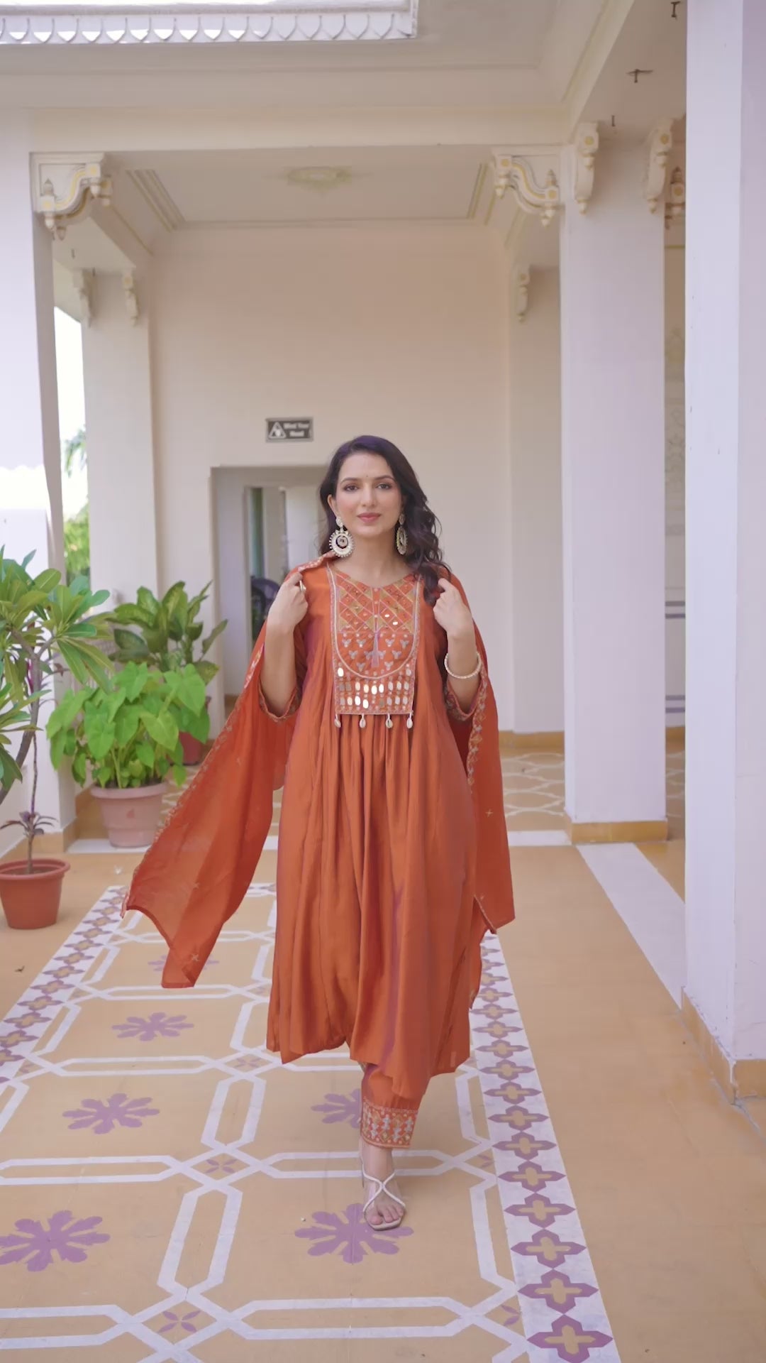 Designer Roman Silk Party Wear Kurti Set: Embroidered Outfit (Orange)