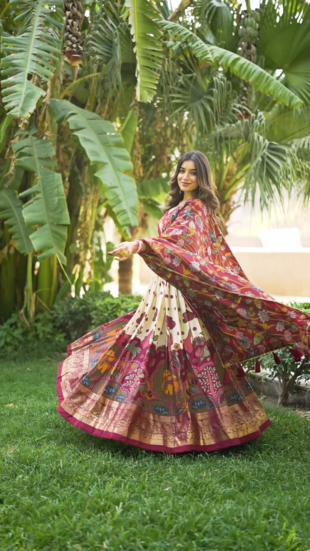Tasar Silk Kalamkari Print Lehenga Choli Featuring a Sophisticated Foil Work Border - Off White