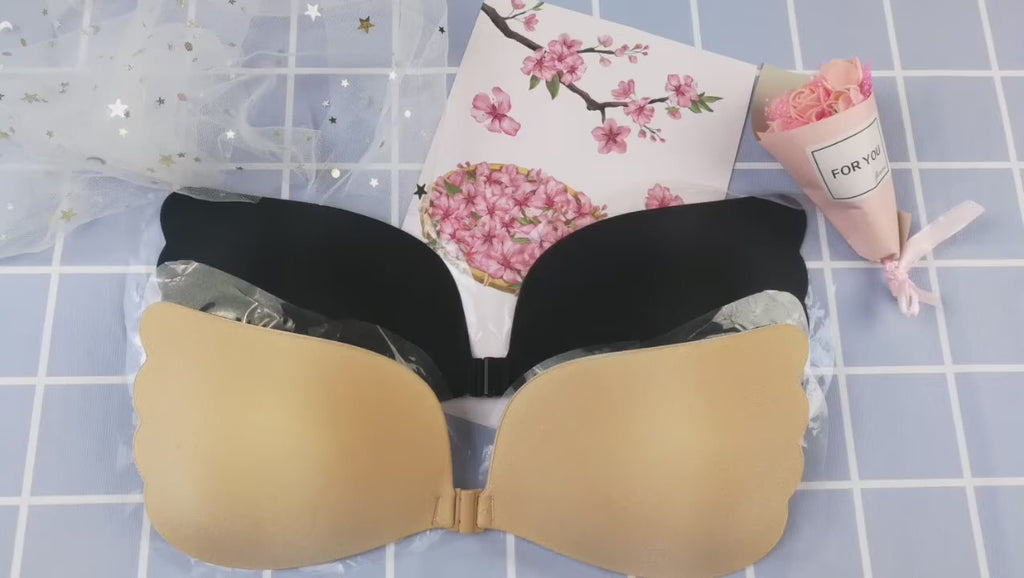 Women's & Girls Padded Wire Free Regular Reusable Strapless Wire Free Stick-On Silicone Push Up Free Wing Bra (1 Pair - Black)