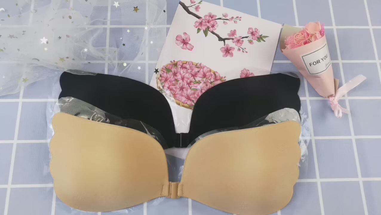 Women's & Girls Padded Wire Free Regular Reusable Strapless Wire Free Stick-On Silicone Push Up Free Wing Bra (1 Pair - Black)