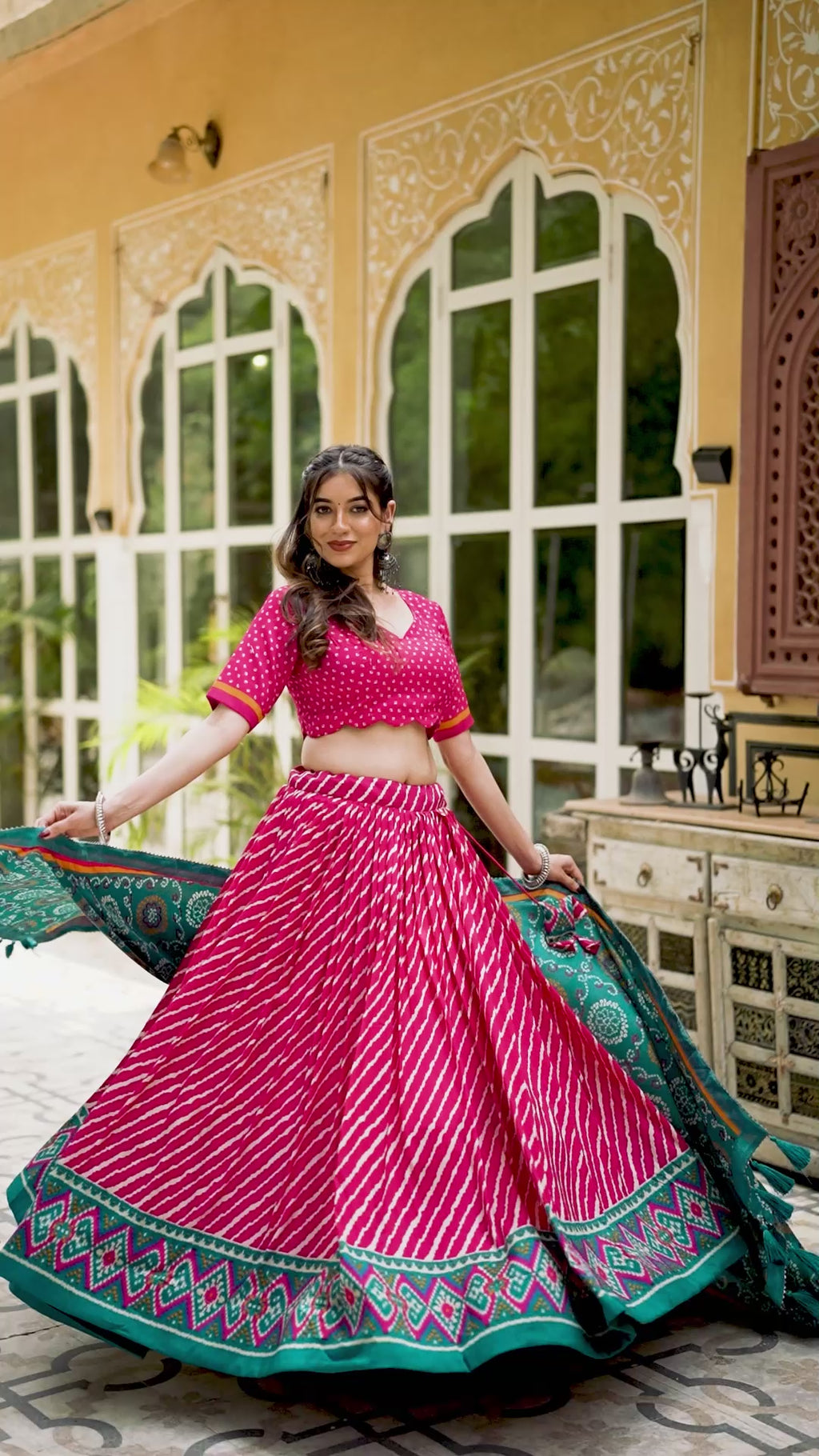 Lehenga Choli -  Embrace Cultural Grandeur with Our Elegant Leheriya Print Tussar Silk Lehenga Choli, Featuring a Gorgeous Patola Print Border and an Exquisite Bandhani Print Dupatta Color - Pink
